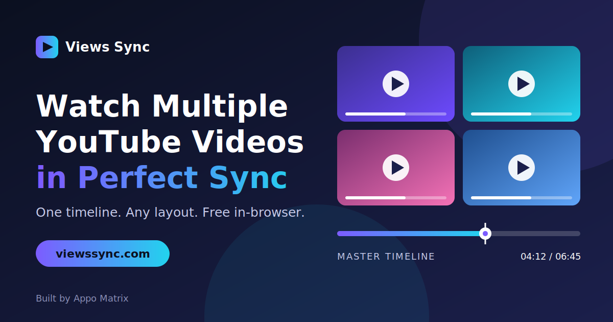 Multiple YouTube Viewer: Watch & Sync Videos Side by Side | Views Sync  You've probably done it before. You open one YouTube video in a tab, then another, then a third. You press play on the first, flip over and press play on the second, and realize they're about two seconds apart. So you pause, scrub, try again, and somewhere around attempt four you wonder why this is so hard.  Watching one video is easy. Watching several at the same time, in step with each other, is surprisingly awkward in a n
